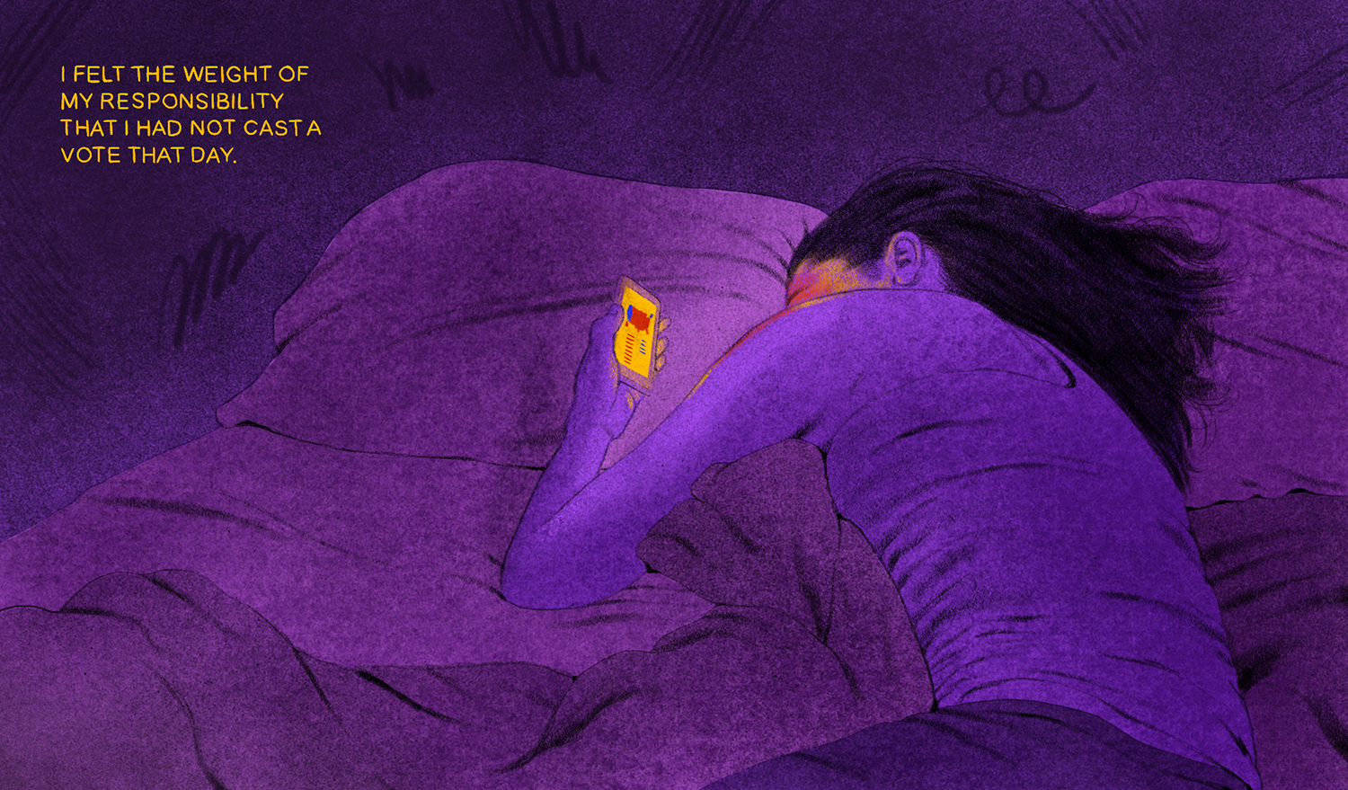 Illustration of a woman lying on a bed, staring at her phone with a election map. The text on the image reads "I felt the weight of my responsibility that I had not cast a vote that day."