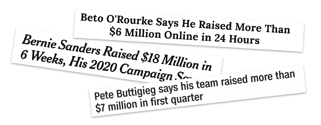 headlines from the New York Times, CNN and TIME on high fundraising numbers from Buttigieg, Sanders and O'Rourke