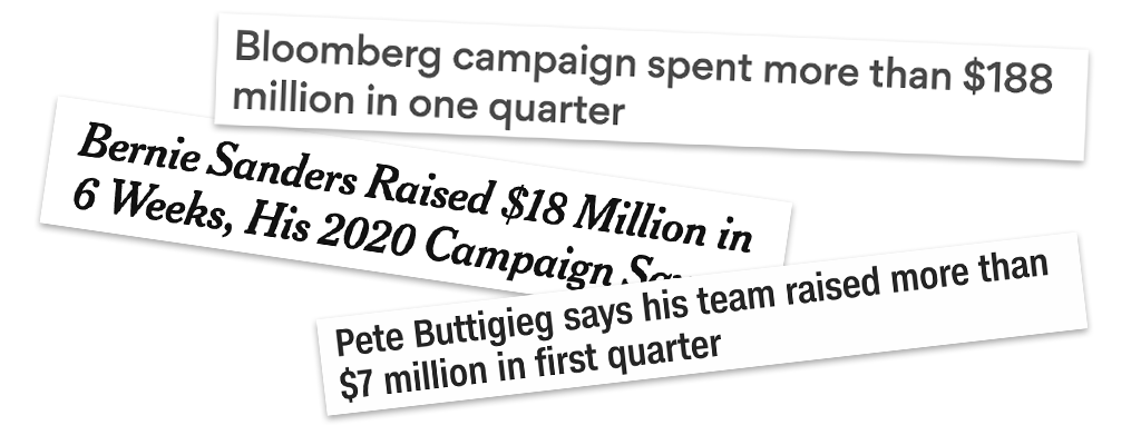 headlines from the New York Times, CNN and TIME on high fundraising numbers from Buttigieg, Sanders and O'Rourke