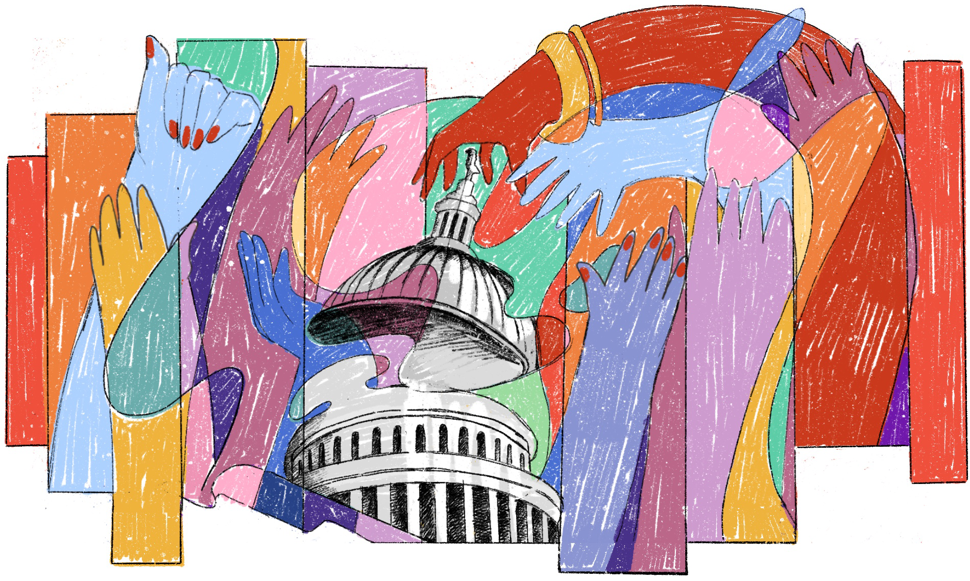 multi-colored hands around Capitol building